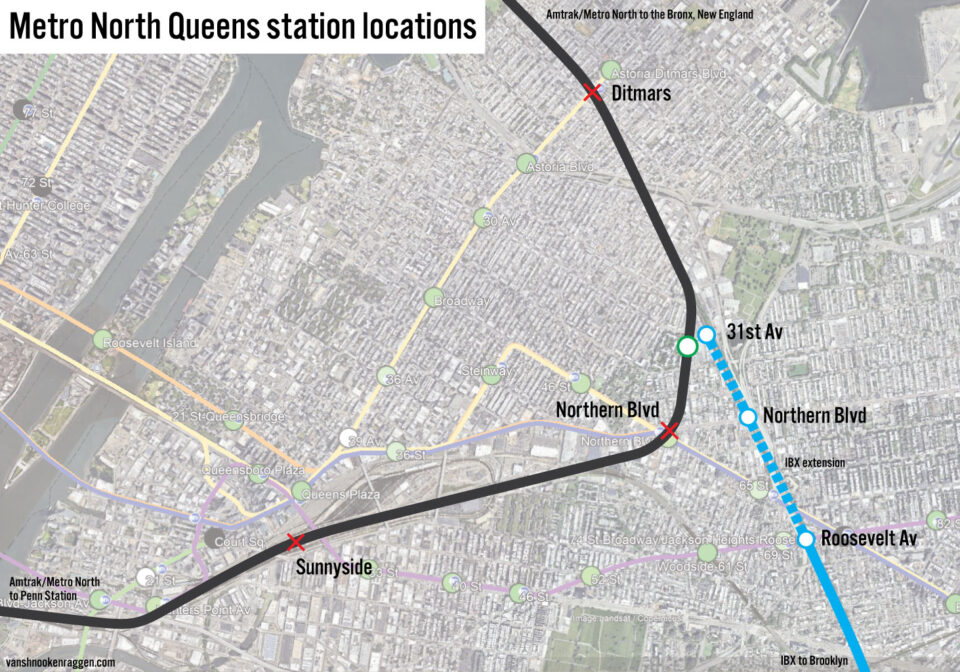 Map of proposed Metro North stations in Queens. IBX extension shown.