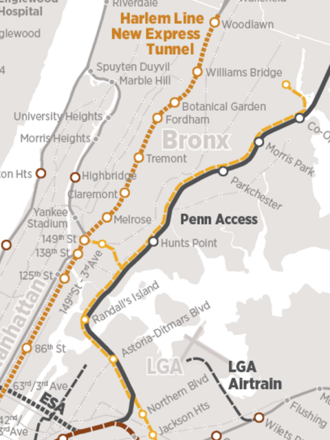 Close up of the RPA's 4th Regional Plan transportation map showing two Bronx branches of their Triboro Line.