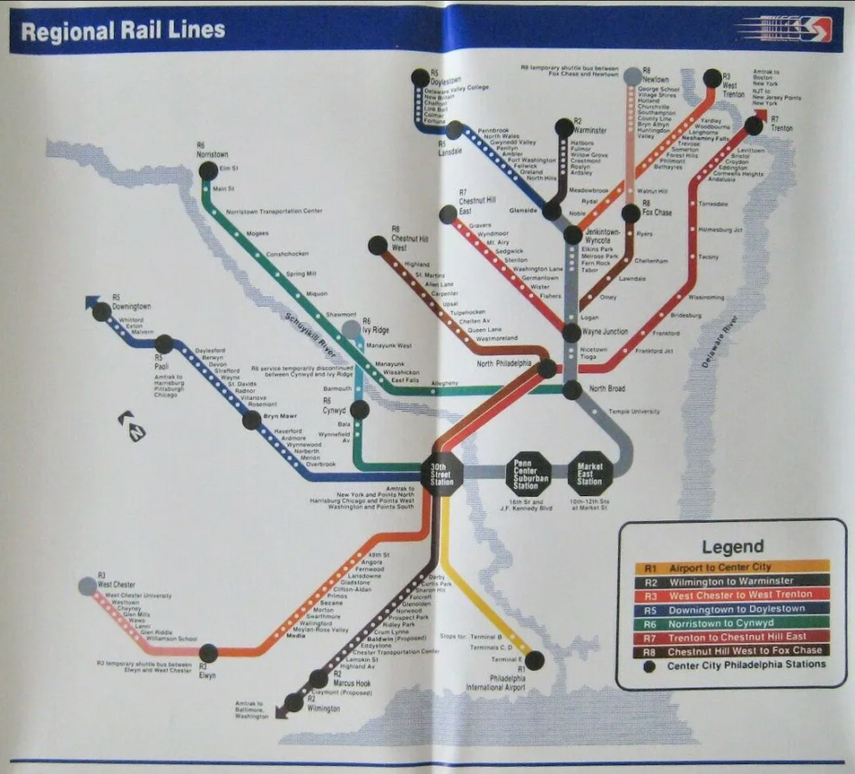 Undated regional rail map showing the original route pairs, R1-R8.