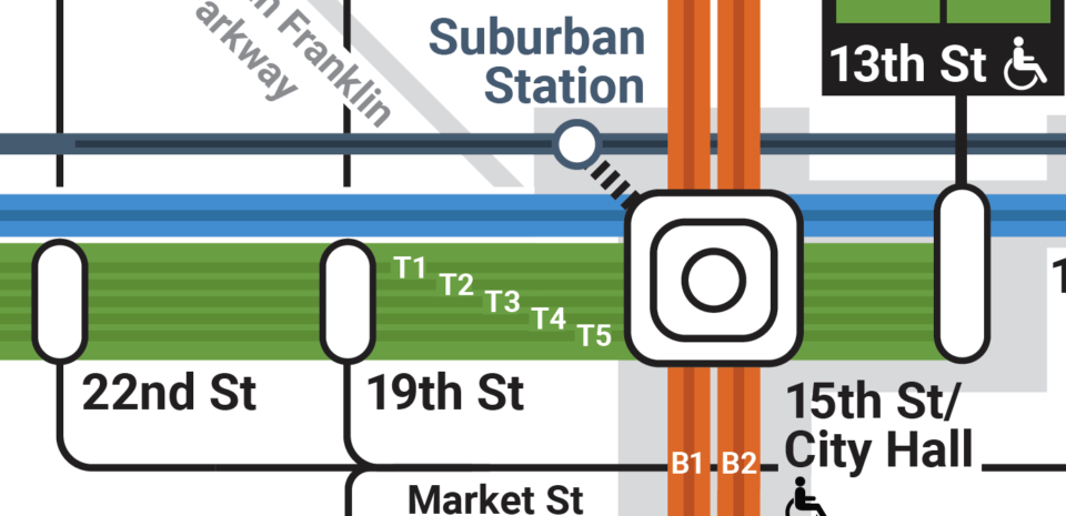 Close up of the new SEPTA map showing the different services of each line.