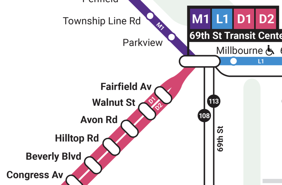 Close up of the new SEPTA map showing both D1 and D2 services truncating at the final station, 69th St.