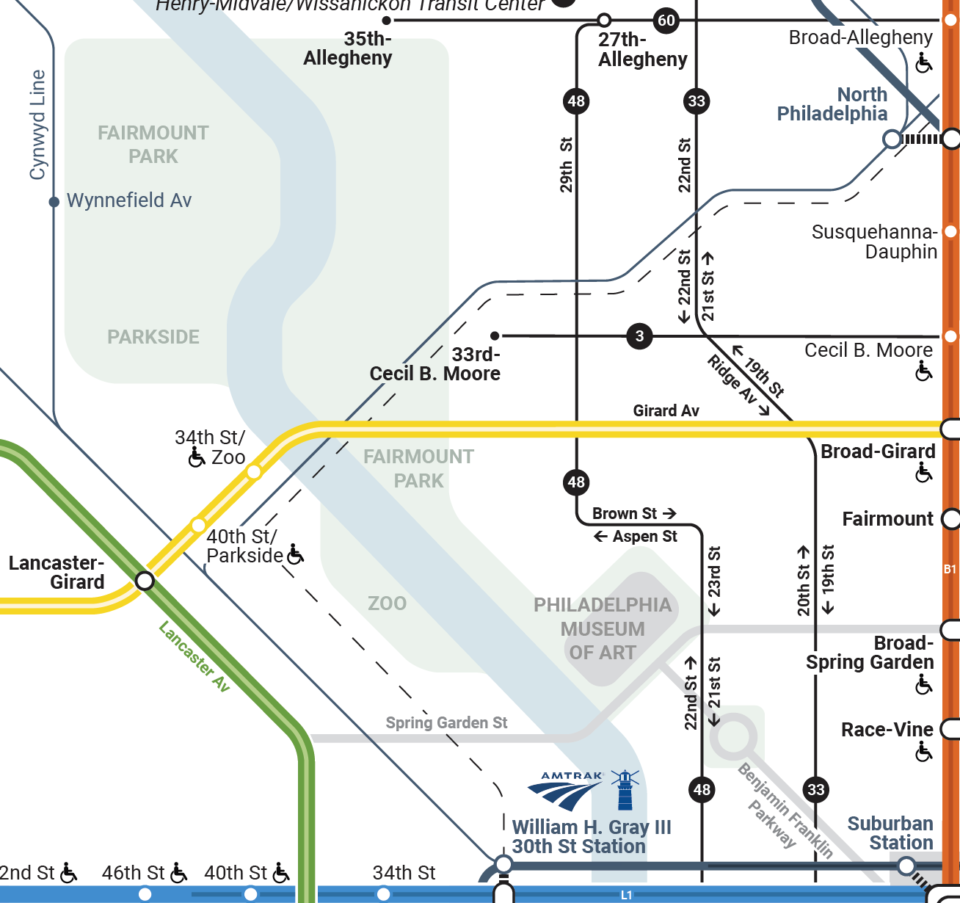 Close up of the new SEPTA map showing the geographic elements of Fairmount Park, the Ben Franklin Parkway, and Philadelphia Art Museum.