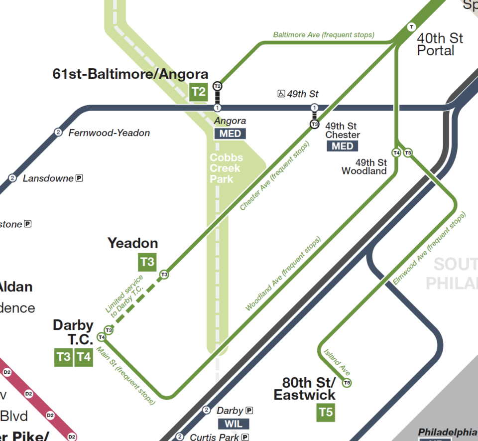 Close up of my SEPTA map showing street running trolley section.
