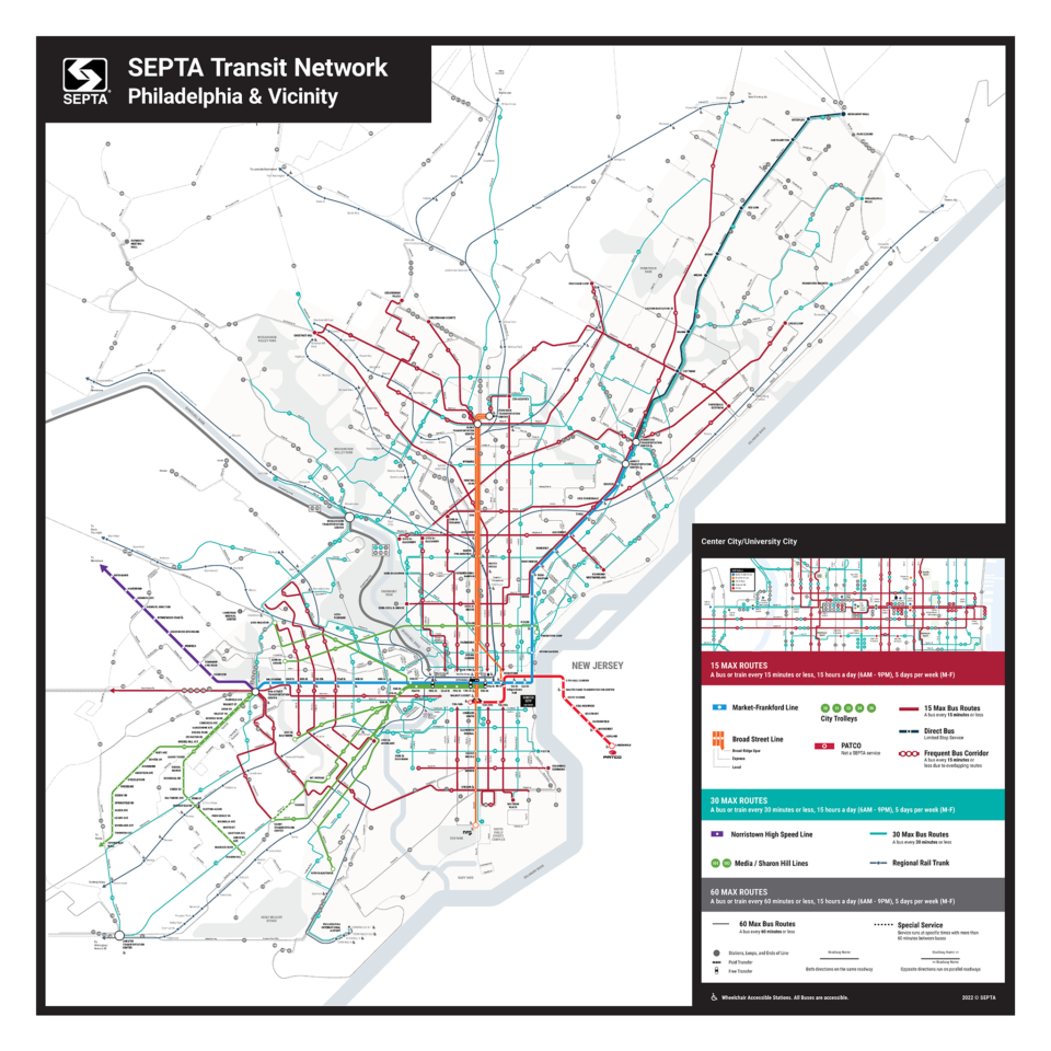 New SEPTA system map which does a far better job at showing bus and rail lines in a modern, semi-geograhpic style.