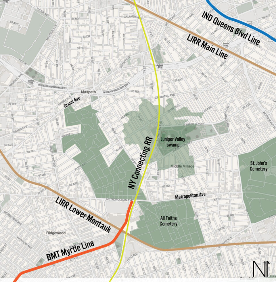 Modern map of central Queens, showing modern transit lines and cemeteries. At center, location of the former Juniper Valley swamp.