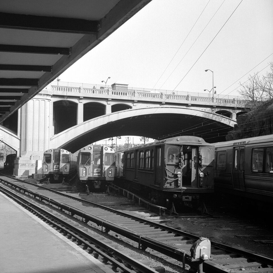 Old and New PATH trains at Journal Sq. Photo by David Pirmann 1967