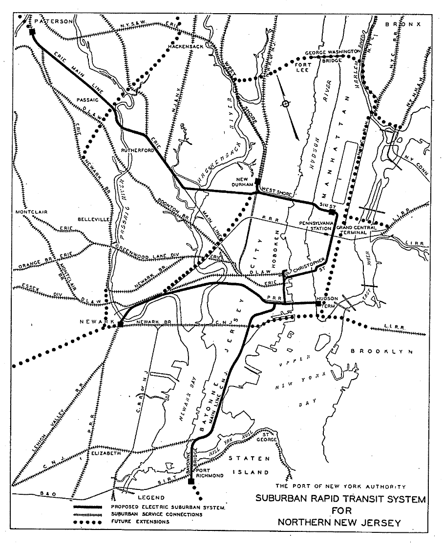 Map of proposed Suburban Rapid Transit System for Northern NJ. Port Authority 1937