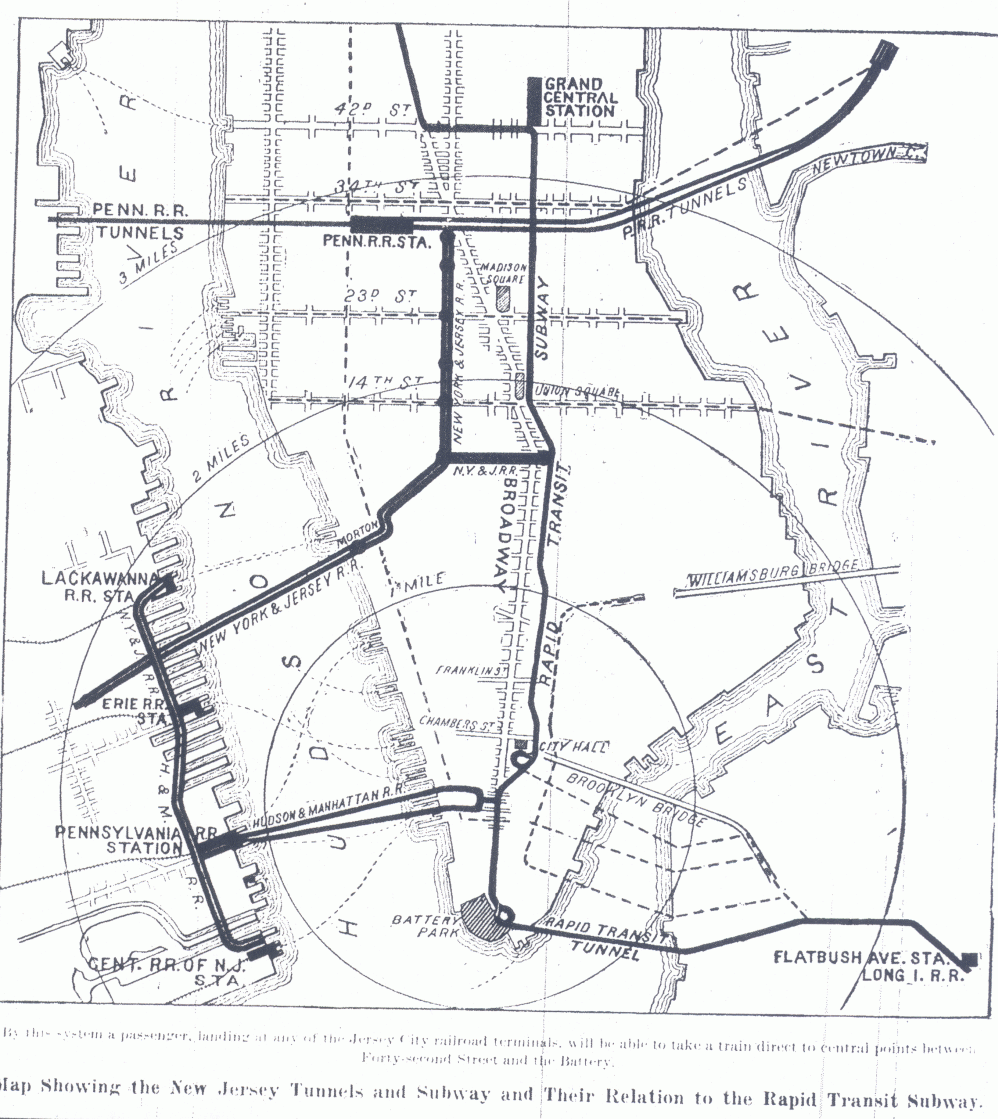 Map of the Hudson & Manhattan Railroad with proposed, but never built, branch to the Central RR of New Jersey terminal.