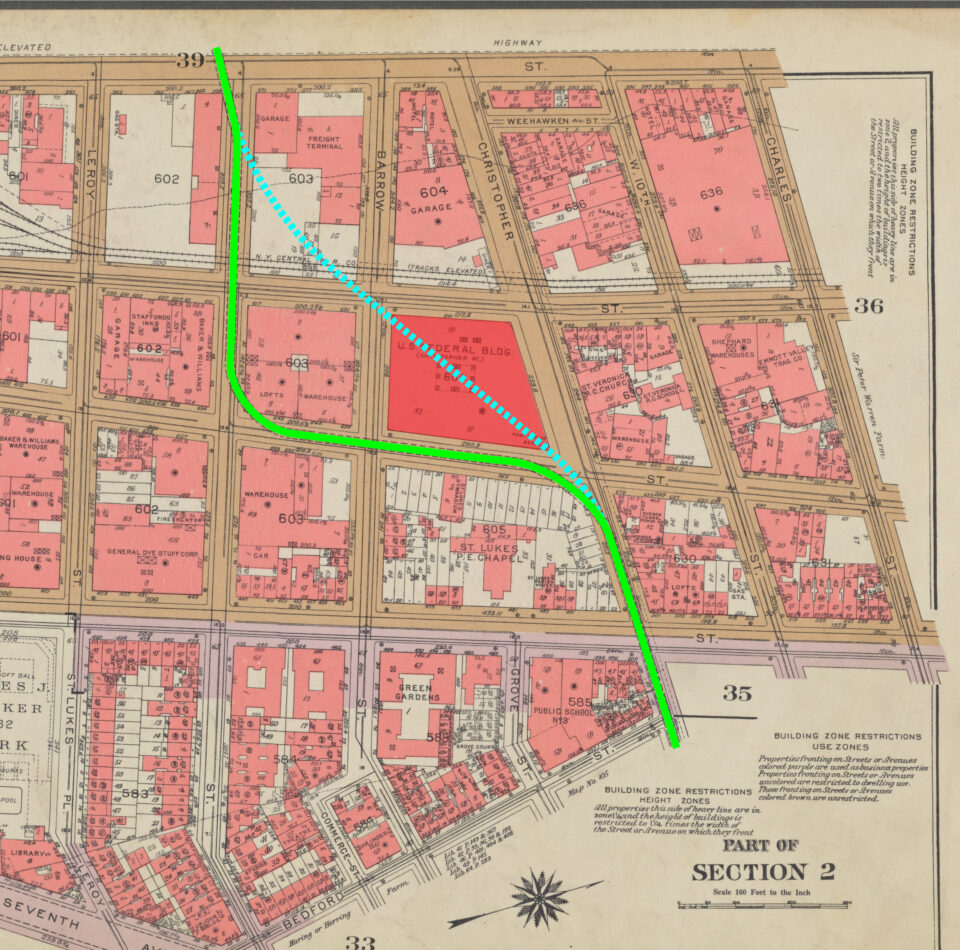 1955 Bromley map of New York, showing route of the H&M (green), avoiding the US Customs building (red). The blue dashed line shows the conflicting alignment.