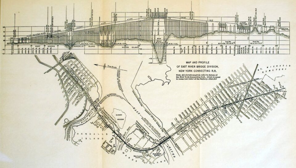 Historic profile and map of Hell Gate Bridge. Source.