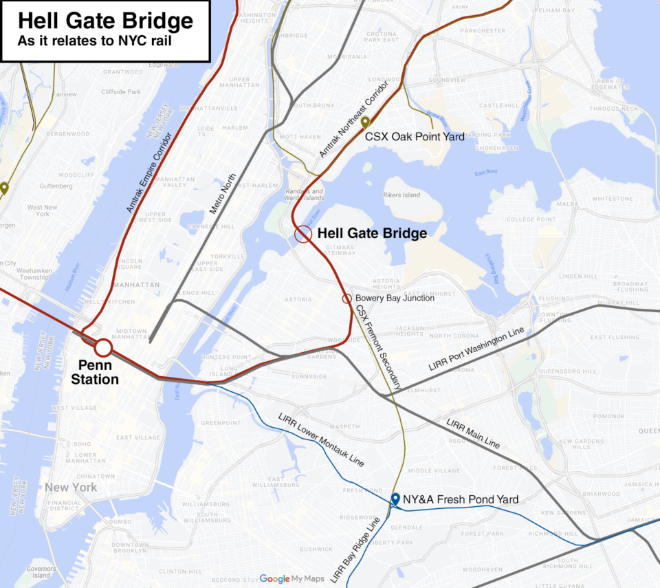 Map showing location of the Hell Gate Bridge as it relates to other NYC rail lines.