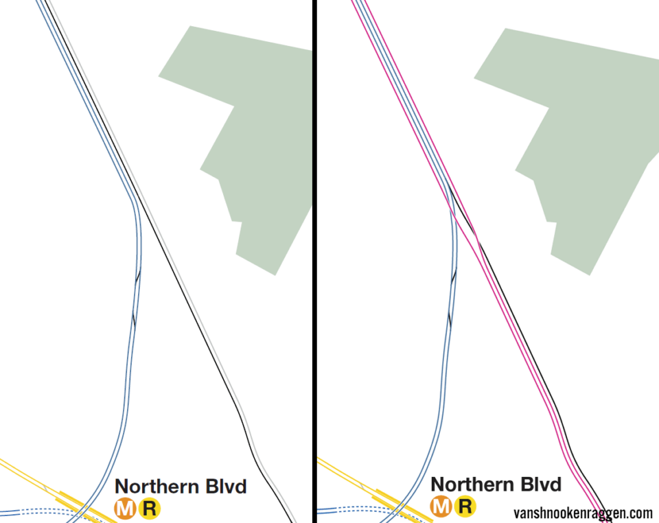 Before and after maps showing proposed Bowery Bay Junction with IBX (pink) and NEC (blue) tracks shifted to the inside of the bridge trackway.